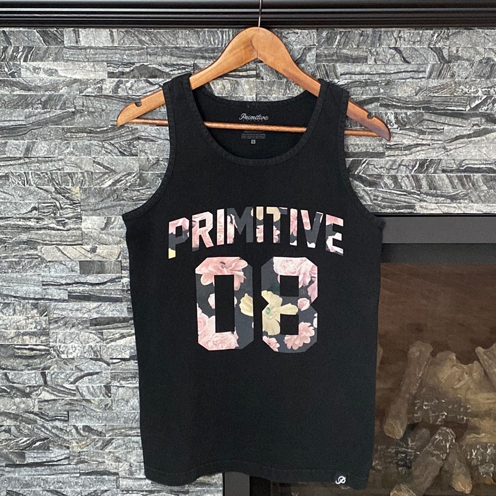 Primitive 08 Muscle Tee Tank Top Flowered Pattern on Logo, Black and Pink